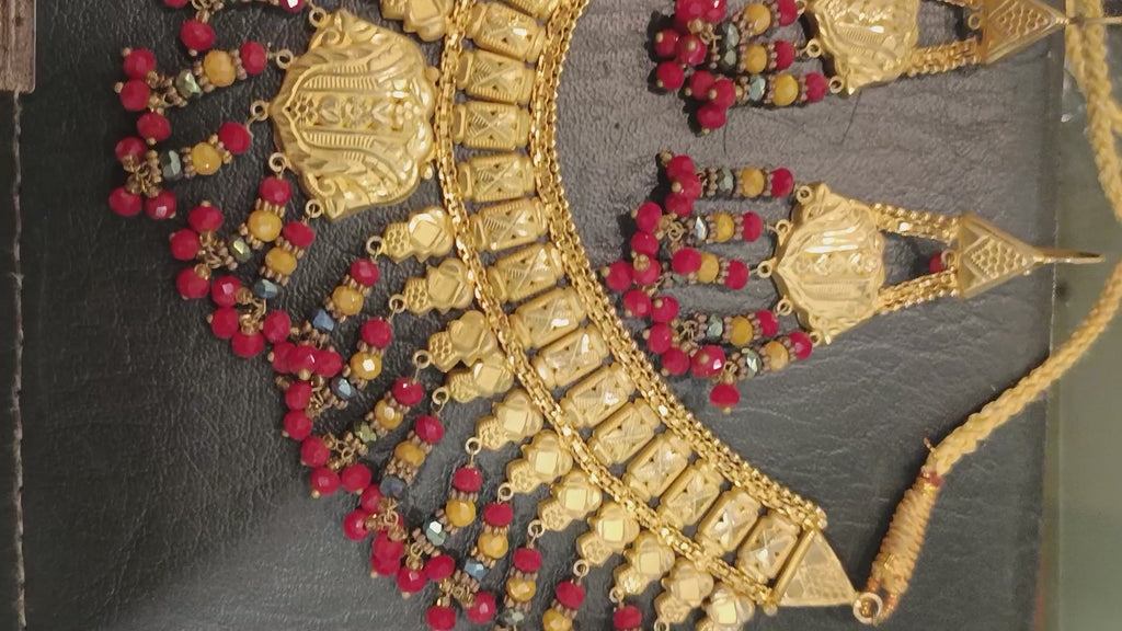 Royal Gold-Plated Bridal Necklace & Earring Set (Red & Gold)