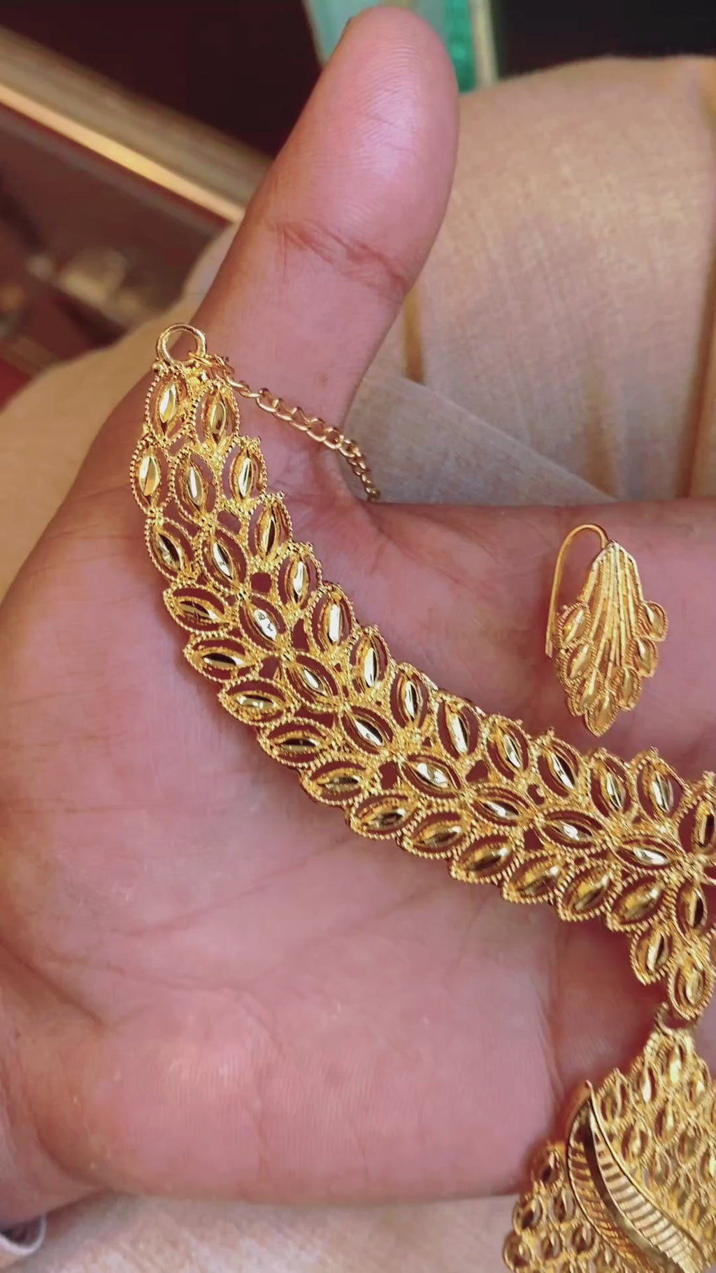 Gold Plated Bridal Necklace Set – Leaf Pattern Design with Earrings | Wedding Jewelry Set