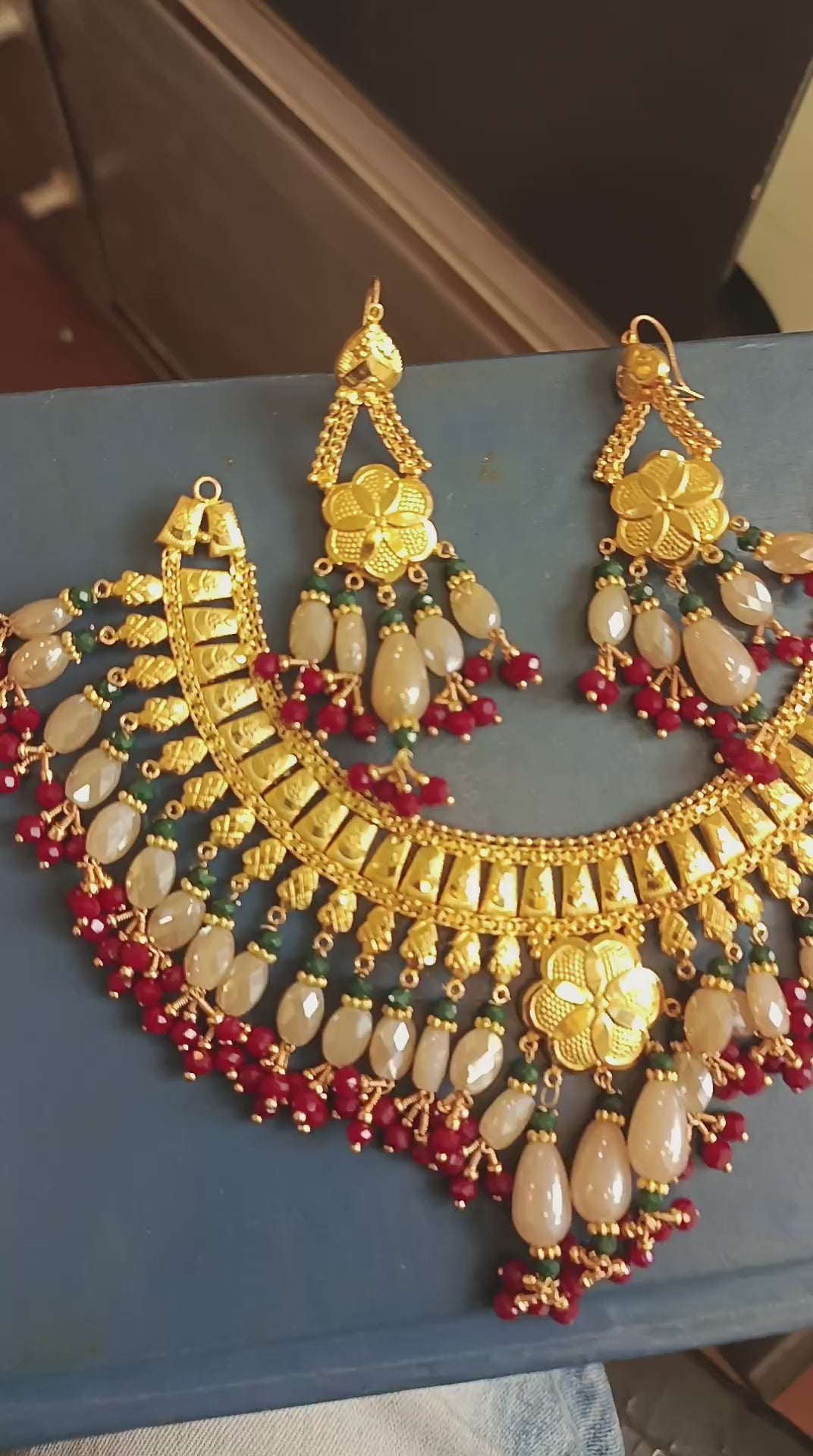 Traditional Gold-Tone Bridal Necklace & Earring Set — Red Beads