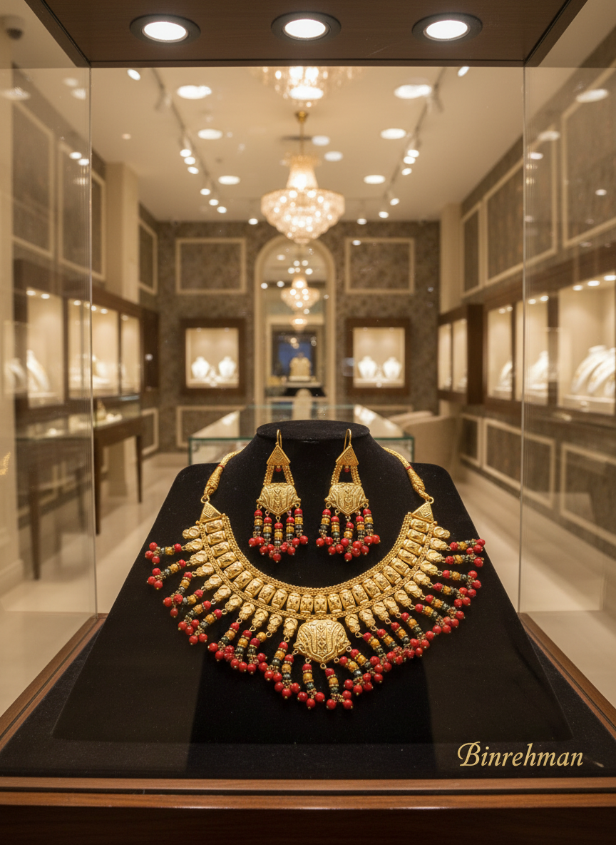 Royal Gold-Plated Bridal Necklace & Earring Set (Red & Gold)