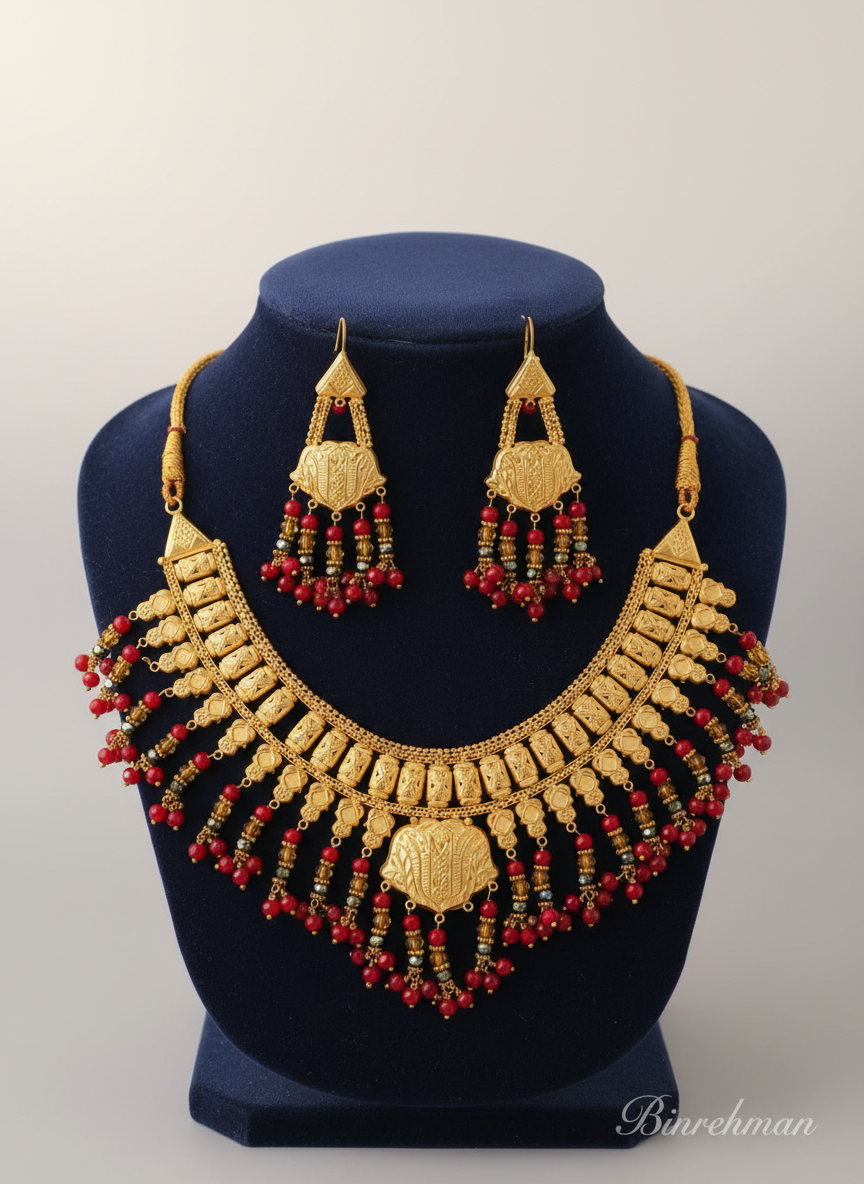 Royal Gold-Plated Bridal Necklace & Earring Set (Red & Gold)