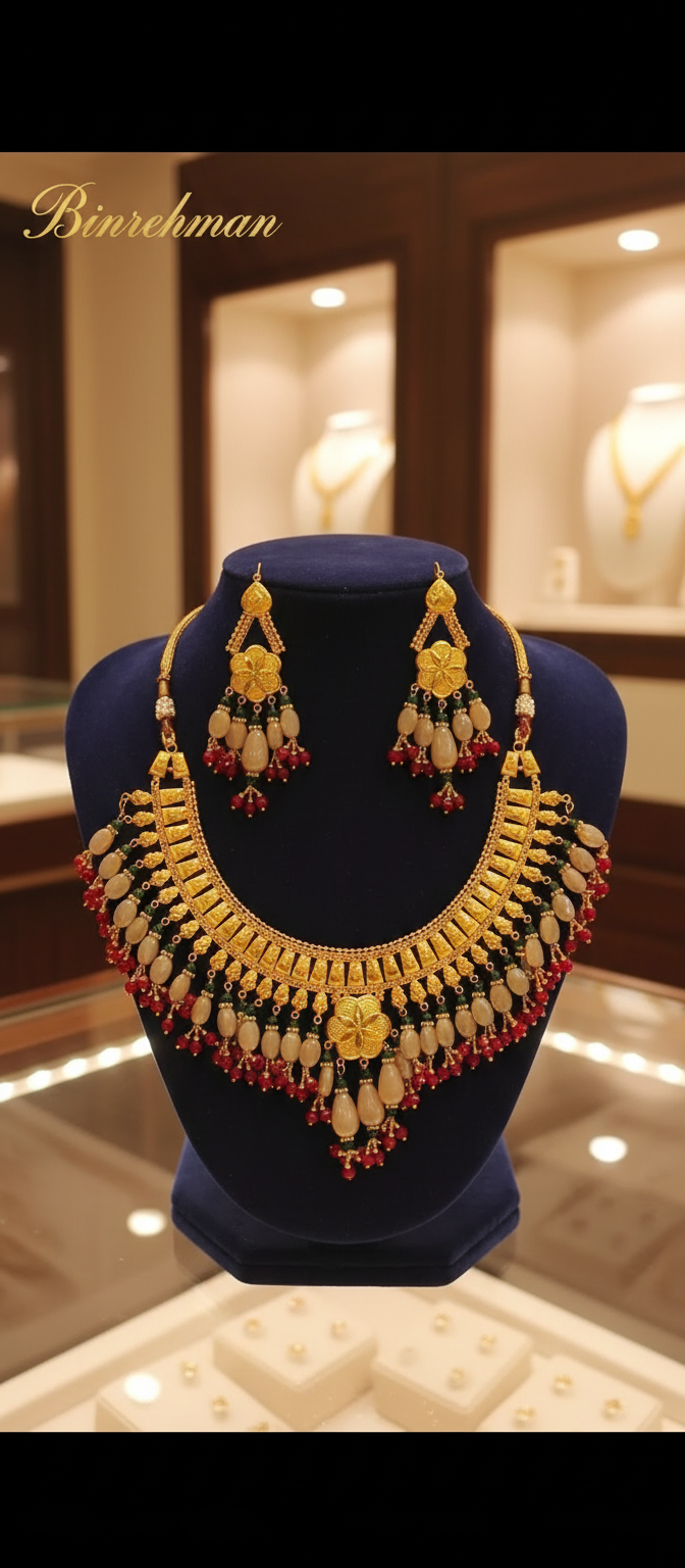 Traditional Gold-Tone Bridal Necklace & Earring Set — Red Beads