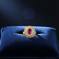 Royal Ruby Red Gold-Polished Ring with Sparkling Zircon Border