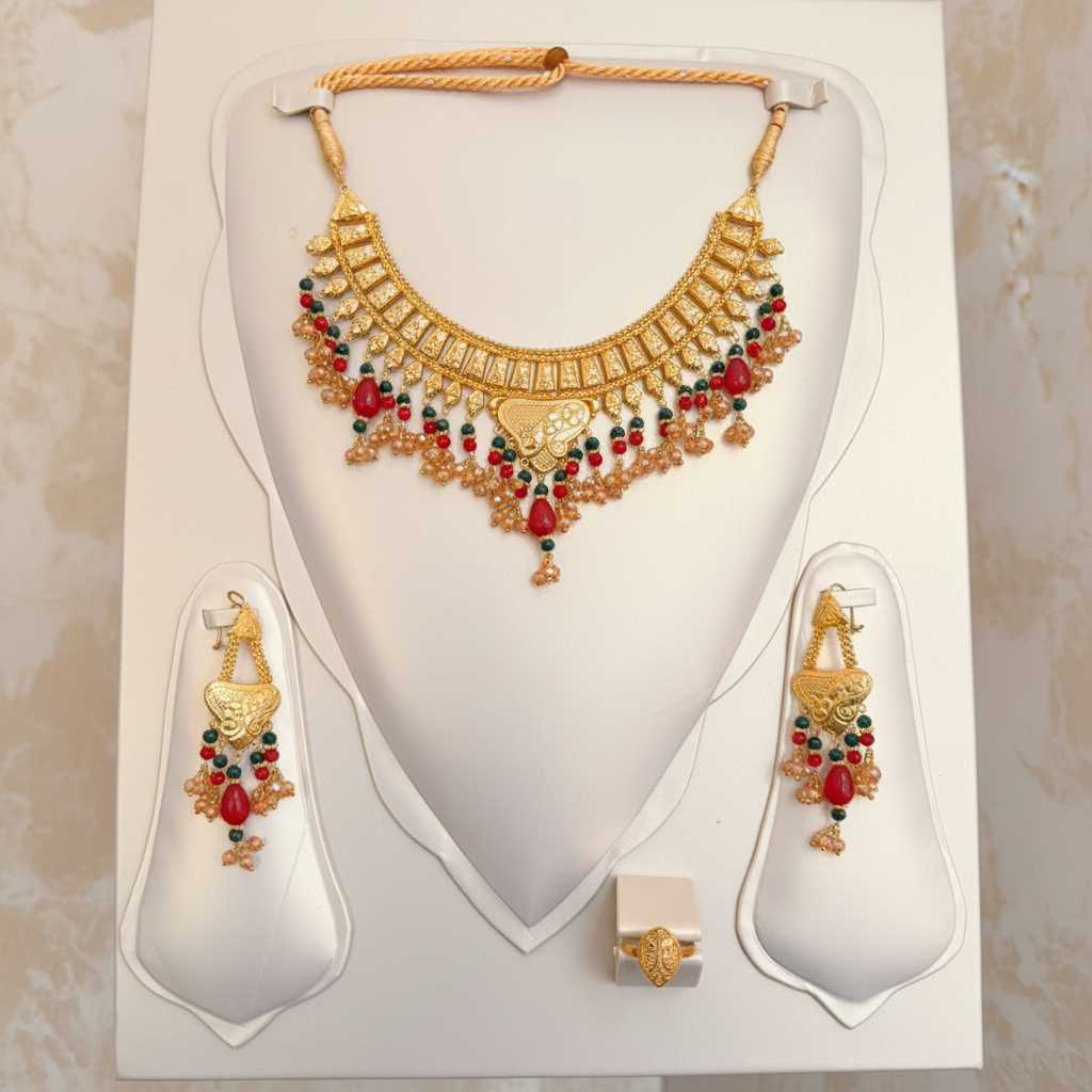 Premium Bridal/Party Wear Gold-Plated Jewellery Set Elevate your traditional look with this stunning, handcrafted jewellery masterpiece.