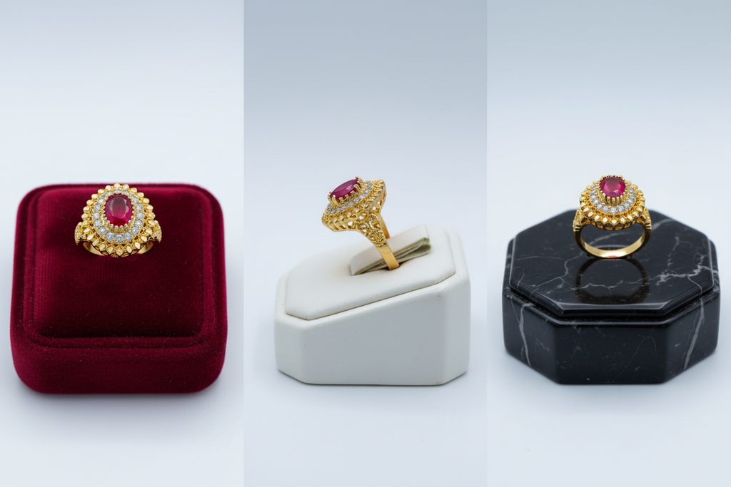 Royal Ruby Red Gold-Polished Ring with Sparkling Zircon Border