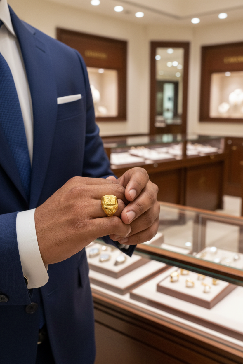 Majestic Men's Gold-Polished Signet Ring with Starburst Engraving