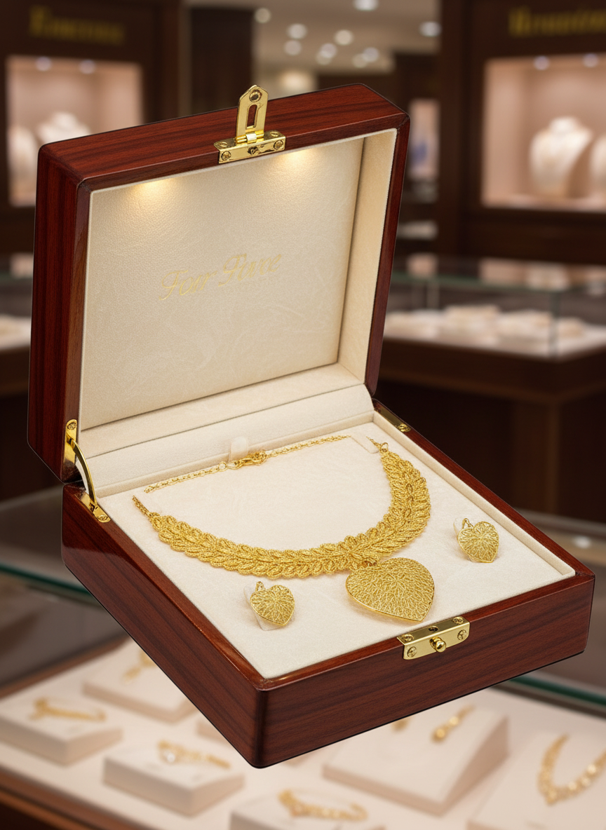 Gold Plated Bridal Necklace Set – Heart Pendant Design (Necklace + Earrings)