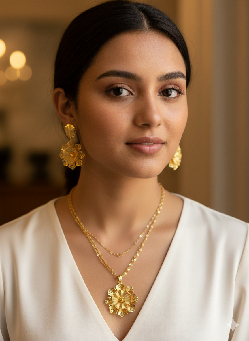 Gold-Plated Floral Necklace & Earrings Set