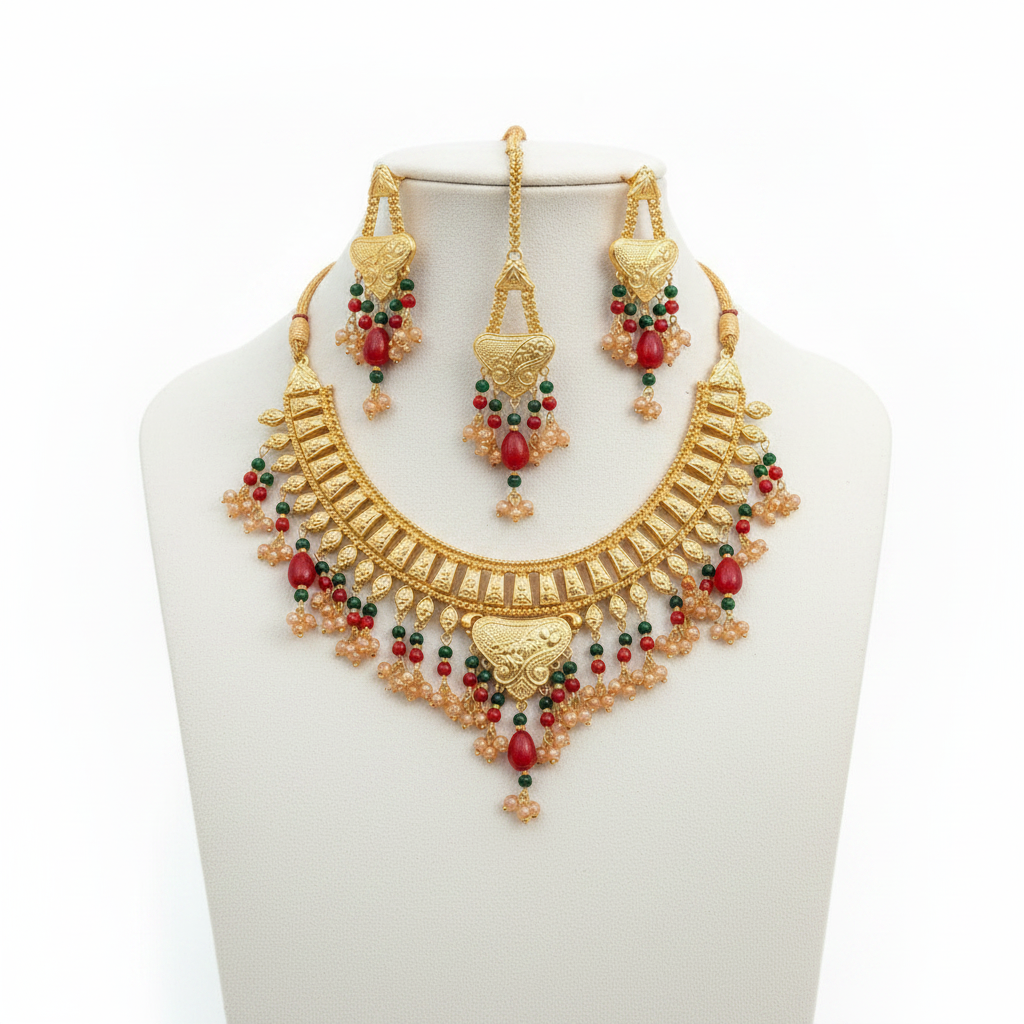 Premium Bridal/Party Wear Gold-Plated Jewellery Set Elevate your traditional look with this stunning, handcrafted jewellery masterpiece.