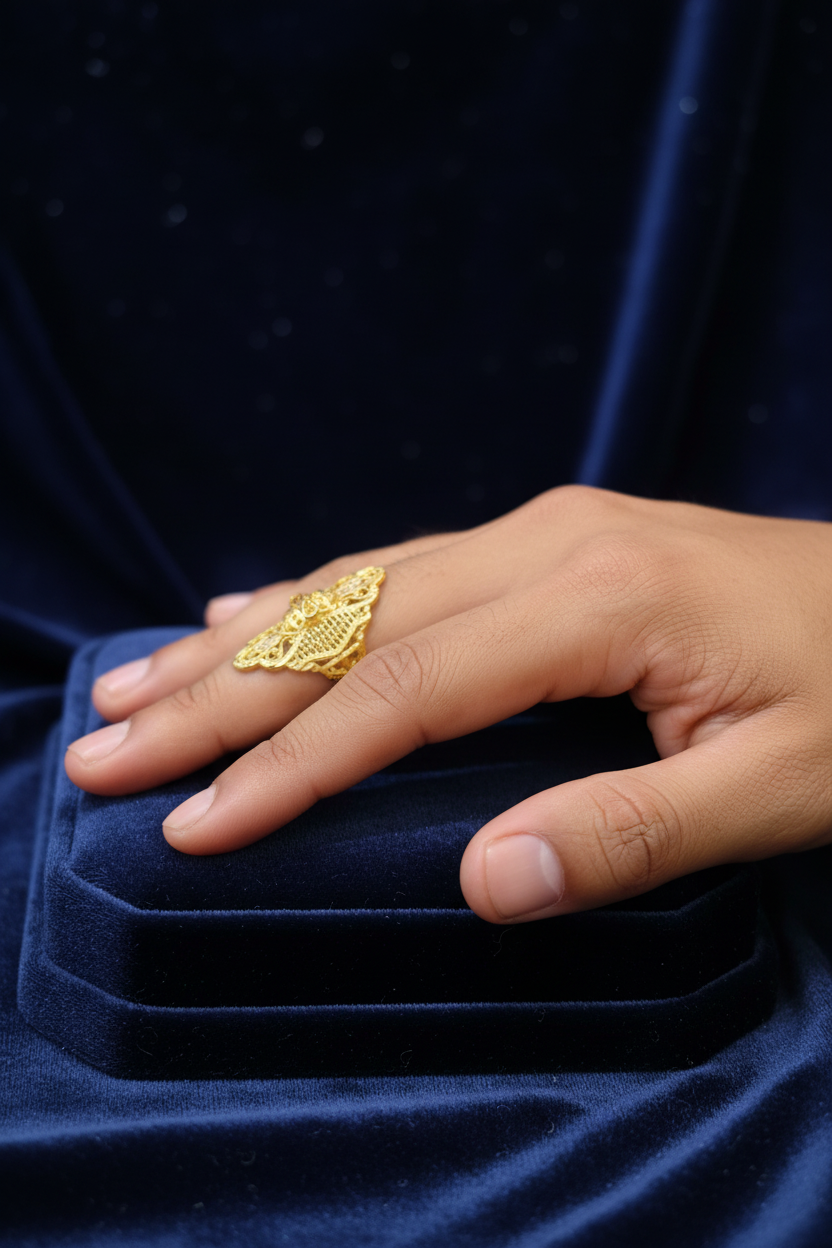 21K Gold Plated Filigree Statement Ring – Royal Jaali Work Bridal Cocktail Ring