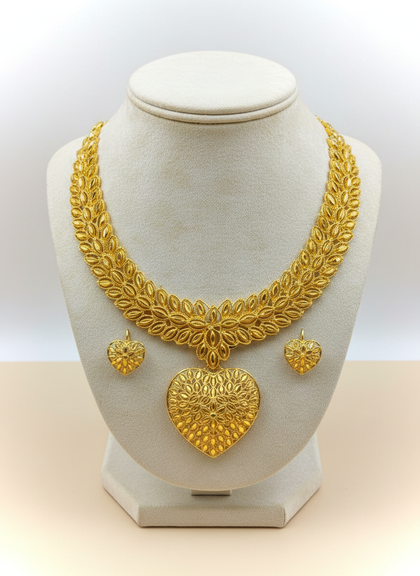 Gold Plated Bridal Necklace Set – Heart Pendant Design (Necklace + Earrings)