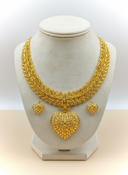 Gold Plated Bridal Necklace Set – Heart Pendant Design (Necklace + Earrings)