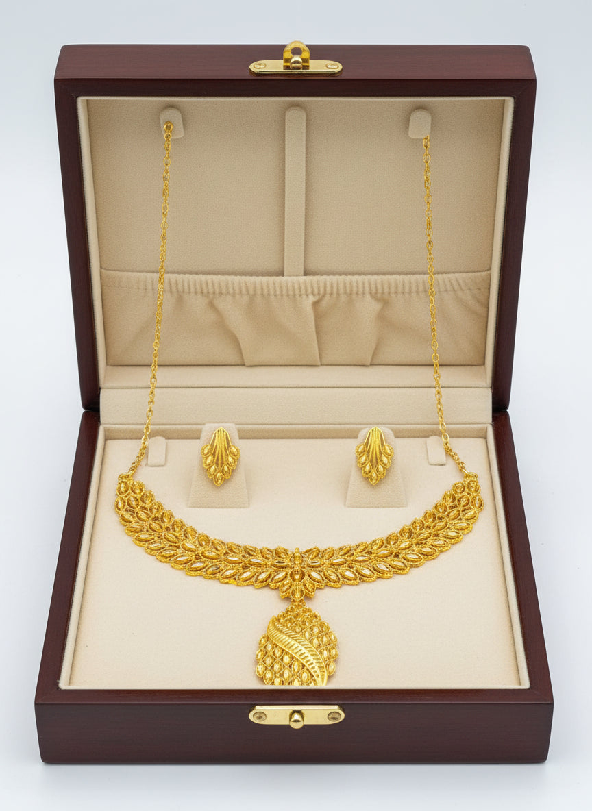 Gold Plated Bridal Necklace Set – Leaf Pattern Design with Earrings | Wedding Jewelry Set