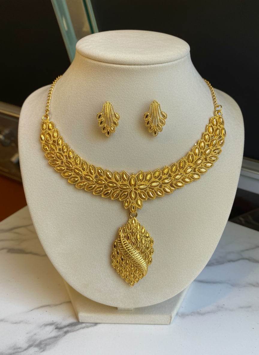 Gold Plated Bridal Necklace Set – Leaf Pattern Design with Earrings | Wedding Jewelry Set