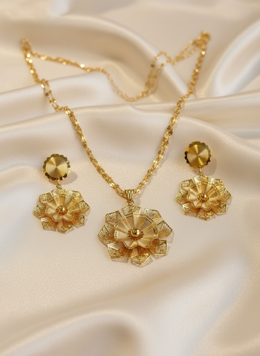 Gold-Plated Floral Necklace & Earrings Set