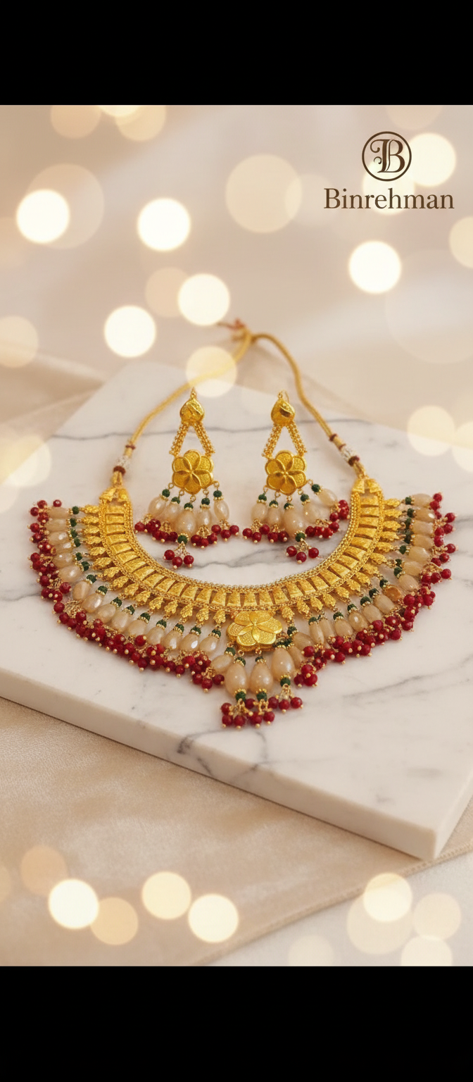 Traditional Gold-Tone Bridal Necklace & Earring Set — Red Beads