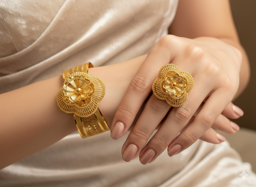 Gold Plated Flower Design Bracelet Set – Adjustable Bangles for Women