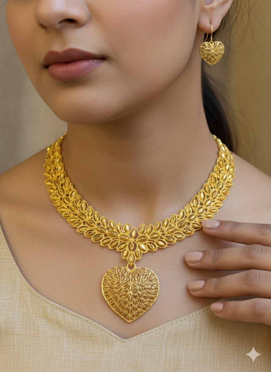 Gold Plated Bridal Necklace Set – Heart Pendant Design (Necklace + Earrings)